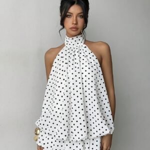 A Women'S Elegant Polka Dot Printed Backless Dress with a Bow Tie, Perfect for New Year Celebrations, Elegant Parties, Vacations, Dates, Valentine'S Day, Shopping, Office Wear, And Casual Daily Outfits, Suitable for All Seasons
