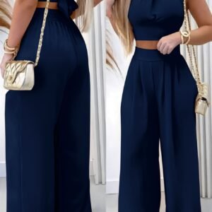 Summer New Elegant Fashion Commuter Casual All-Match Ruched Halter Tie-Up Top And Ruched Long Trousers 2pcs Set Women'S