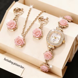 4pcs Women'S Watch Set, Floral Watch with Matching Flower Pendant Necklace And Earrings, Suitable for Birthdays, Parties, Back to School, Dates, Valentine'S Day, And More, Perfect Gift for Her
