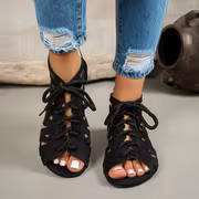 Ins-trending Fashionable Roman Sandals, Vintage Round-toe Flat-soled Open-toe Sandals in Black, Beige, and Brown, with a Lace-up and Back Zipper Design, Versatile for Outdoor Wear, Summer Women's Low-top Sandals, Women Shoes - Image 2