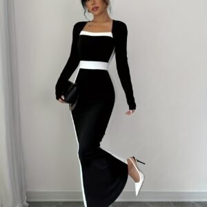 Women's French-Style Square Neck Bodycon Maxi Dress, Black and White Contrast Long Sleeves, 95% Polyester, Material as Described, Suitable for All Seasons, Party/Date/Evening Wear. Please Refer to the Size Guide: Actual Fit May Vary by Body Type