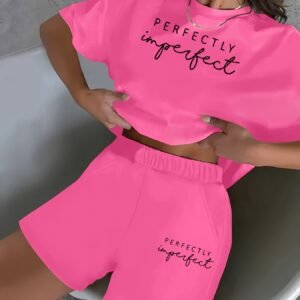 2pcss Summer New Women'S Set, "PERFECTLY Imperfect" Text Pattern, Casual Printed Round Neck Short Sleeve Top And T-Shirt, Elastic Waist Pocket Shorts Women'S 2pcs Set