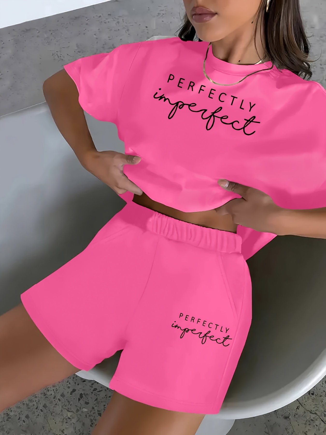 2pcss Summer New Women'S Set, "PERFECTLY Imperfect" Text Pattern, Casual Printed Round Neck Short Sleeve Top And T-Shirt, Elastic Waist Pocket Shorts Women'S 2pcs Set
