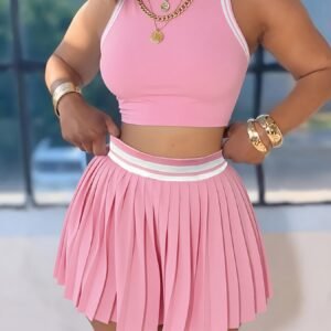 Cross-border New Women's Y Casual Color-block Pleated Skirt and Sleeveless Vest 2pcs Set