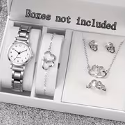 6pcs Fashionable Elegant Quartz Women'S Watch Set, Heart-Themed Necklace, Ring, Stud Earrings, And Bracelet Jewelry Suitable for All Occasions, Gift for Mom, Girlfriend, Jewelry Gift for All Holidays (Box Not Included) - Image 3