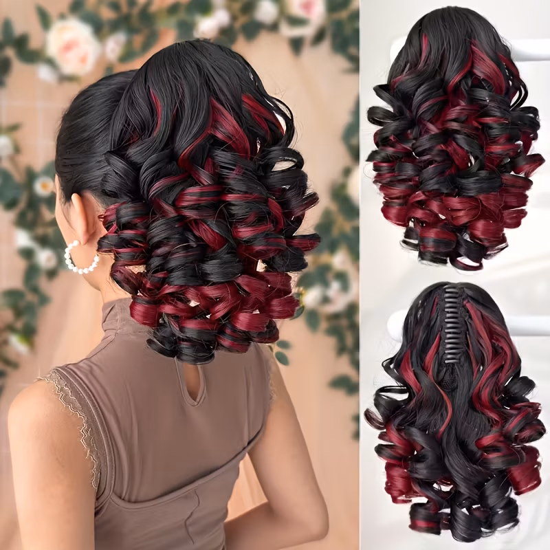 Women'S Wig 35.56 cm Curly Wavy Clip-In Ponytail, Dark Brown Wine Red Color Scheme. Heat-Resistant Synthetic Fiber Material, High Quality And Durable. Quick Daily Hairstyle Solution for Women