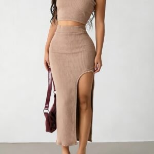 Women'S 2pcs Set Fashion Temperament Cami Top And Elastic Waist Slit Leg A-Line Skirt Skirt Set PB-1253