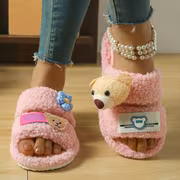 New Autumn And Winter Women'S Fluffy Slippers Designed in Dopamine Colors with Cartoon Bear Patches And Flat Soles., Women Shoes - Image 4