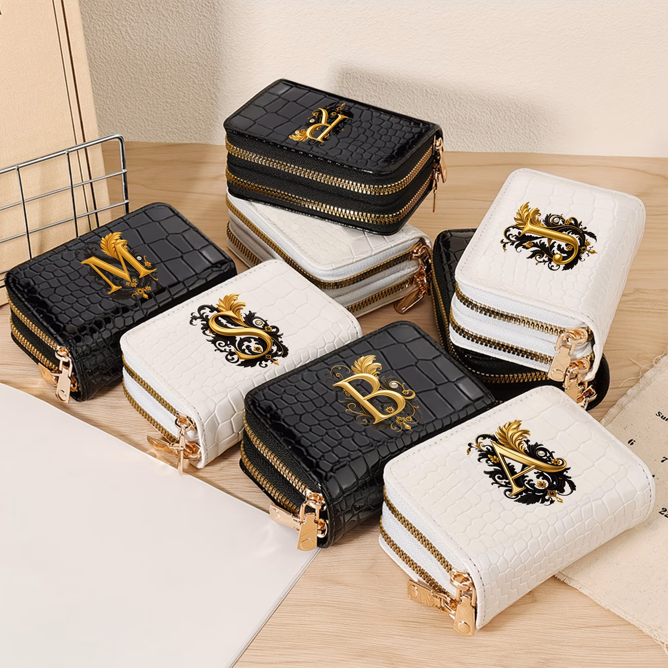 Crocodile Pattern Minimalist Letter Printed Women'S Short Double Zipper Clutch - Stylish Zippered Wallet - Versatile Bag for Travel And School Parties