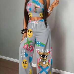 Women's Standard Size Y2K Sweet Cool Style Fashion Glasses Bear Graffiti Print Halter Top& Wide-Leg Pants 2pcs Set, Loose& Slim-Fit with Large Side Pockets, Casual Outfit