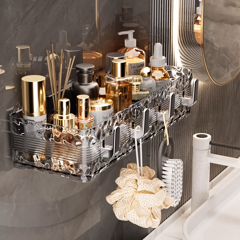 Wall-mounted Bathroom Shelf, No-drill Installation, Light Luxury Water Ripple Design, Storage Rack for Sink Area