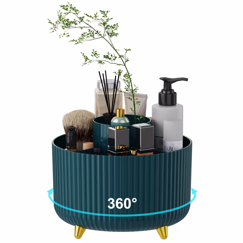 360° Rotating Makeup Organizer - 1pc Plastic Cosmetic Storage with 5 Compartments - Multi-Functional Holder for Brushes, Lipsticks, Skin Care Products, and Stationery - Durable Unscented Desk Caddy with Luxury Stripe Design