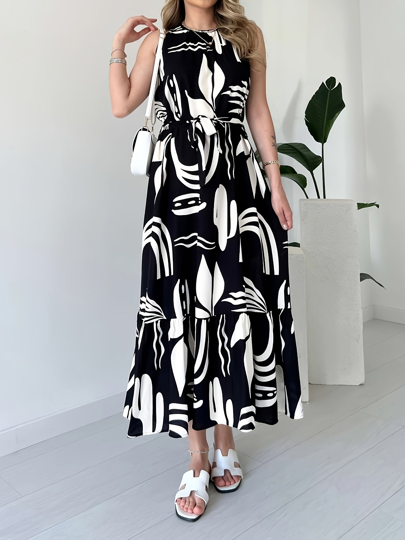Fashion Women'S Irregular Print Sleeveless High-Waist Bodycon Drawstring Dress - Image 3