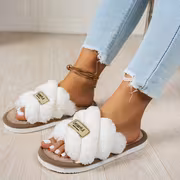 Ladies' Minimalist Fashion Indoor Home Comfortable Silent Warm Soft-Soled Open-Toe One-Strap Furry Slippers, Women Shoes - Image 3