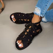 Ins-trending Fashionable Roman Sandals, Vintage Round-toe Flat-soled Open-toe Sandals in Black, Beige, and Brown, with a Lace-up and Back Zipper Design, Versatile for Outdoor Wear, Summer Women's Low-top Sandals, Women Shoes - Image 4