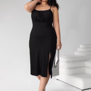 Plus Size, Women's Plus Size Elegant Dress, Stretch, Solid Color, Adjustable Spaghetti Straps, Backless, Off-Shoulder, Bohemian Style, Casual Vacation Slit Dress, Suitable for Women in Spring and Summer