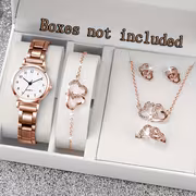 6pcs Fashionable Elegant Quartz Women'S Watch Set, Heart-Themed Necklace, Ring, Stud Earrings, And Bracelet Jewelry Suitable for All Occasions, Gift for Mom, Girlfriend, Jewelry Gift for All Holidays (Box Not Included) - Image 6