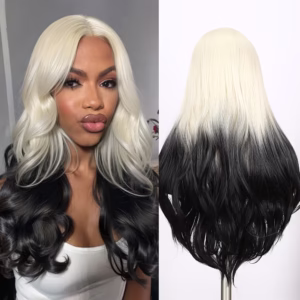 Women' Glueless Long Wavy Wig Suitable for Skin Tones - Ombre Blonde to Black Synthetic Heat Resistant Body Wig with Middle Part, Instant Volume & Look for Daily Wear & Parties, No Glue Application Required