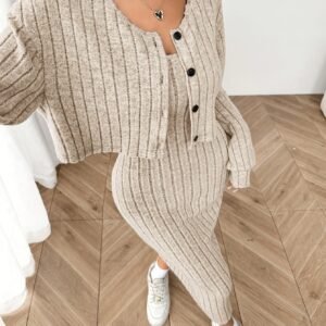 Autumn Cardigan Long Sleeve Short Top And Dress Set