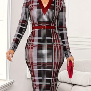 Print V-Neck Long Sleeve Bodycon Dress with Side Slit & Belted Waist - Machine Washable All-Season Women's Formal & Casual Dress, Tight Fitted Dress, Medium Elasticity Fabric