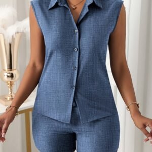 2pcs Women's Solid Color Button-Front Short Sleeve Top and Knot Shorts Casual Summer Set for Daily Wear