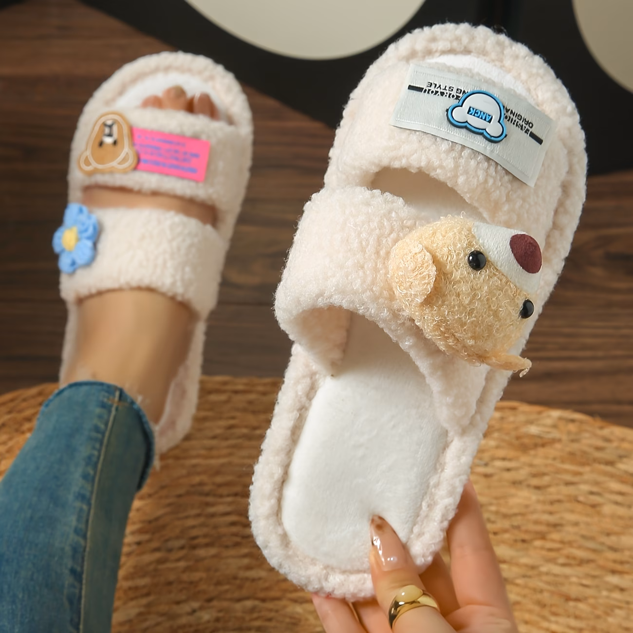 New Autumn And Winter Women'S Fluffy Slippers Designed in Dopamine Colors with Cartoon Bear Patches And Flat Soles., Women Shoes
