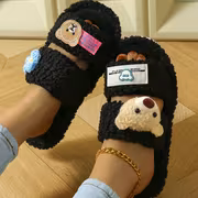 New Autumn And Winter Women'S Fluffy Slippers Designed in Dopamine Colors with Cartoon Bear Patches And Flat Soles., Women Shoes - Image 2