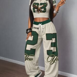 Women'S Outfits Y2K Hot Style 23 Number Eagles Digital Print 2pcs Set New York Letters Color Block Short Sleeve Crop Top And Wide Leg Pants Streetwear Sexy Trendy Wear Short Top Long Pants Set Jogging Casual Wear City Fashion Ensemble