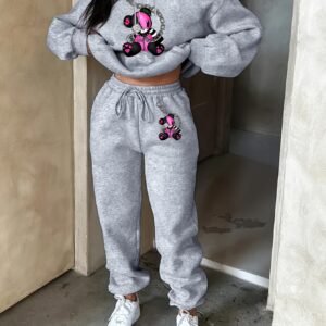Ladies Fashion Casual Trend Bear Print Hooded Sweatshirt And Sweatpants Set