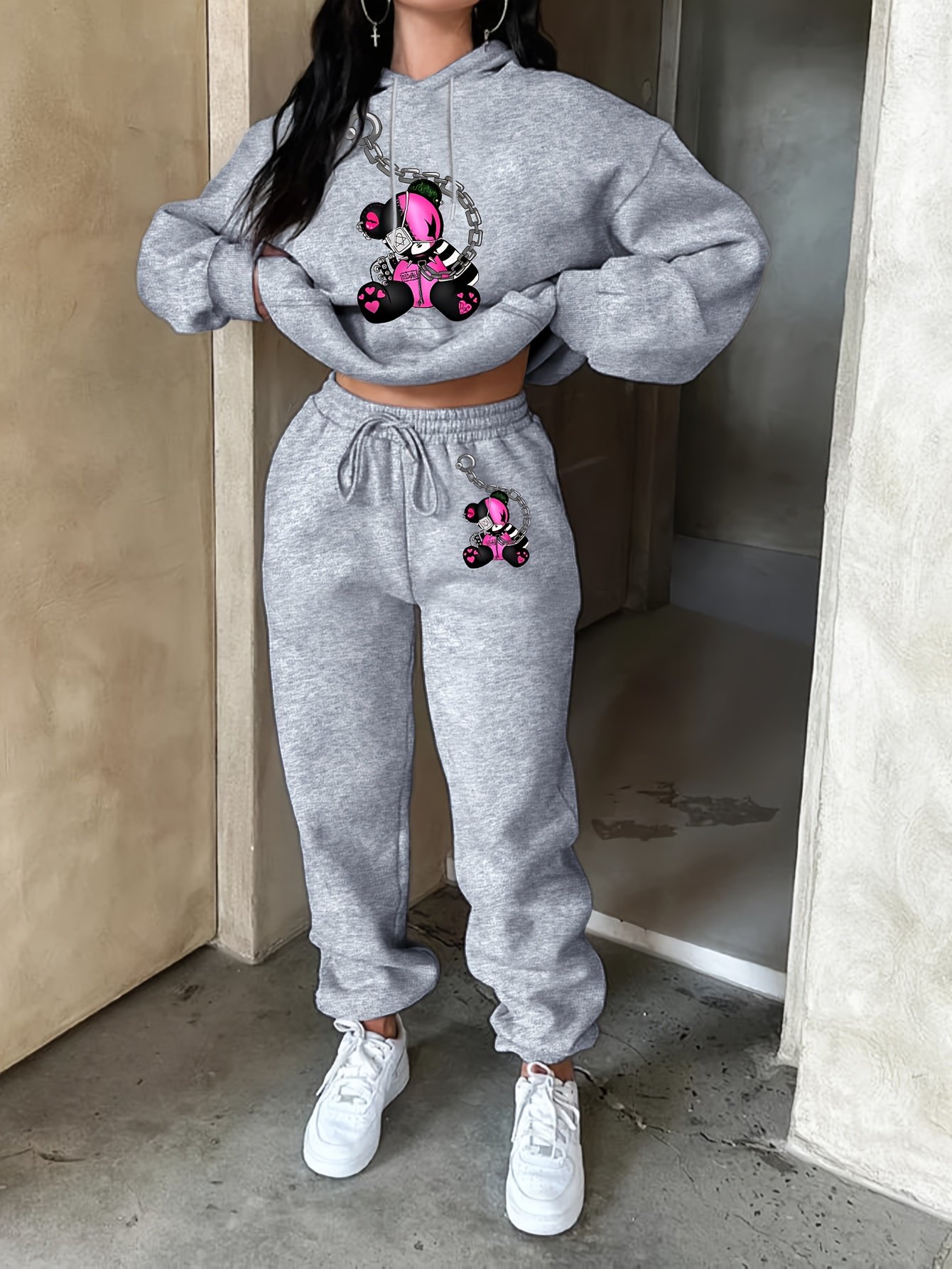 Ladies Fashion Casual Trend Bear Print Hooded Sweatshirt And Sweatpants Set