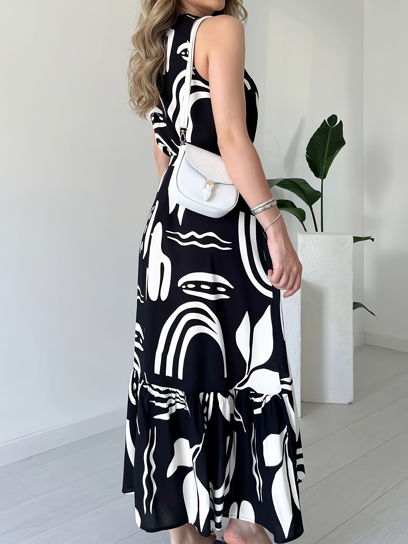 Fashion Women'S Irregular Print Sleeveless High-Waist Bodycon Drawstring Dress