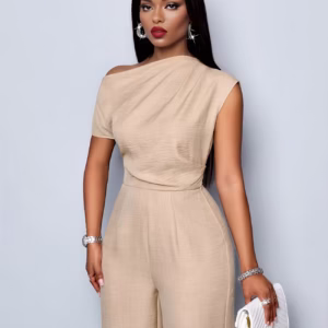All Seasons Women'S Elegant Daytime Casual, Easy Apricot Off-Shoulder Asymmetrical Neckline Ruffle Detail Short Sleeve Wide-Leg Jumpsuit, Commute Wear