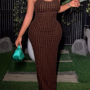 Solid Spaghetti Popcorn Dress, Sexy Backless Dress For Spring & Summer, Women's Clothing