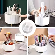 360° Rotating Makeup Organizer - 1pc Plastic Cosmetic Storage with 5 Compartments - Multi-Functional Holder for Brushes, Lipsticks, Skin Care Products, and Stationery - Durable Unscented Desk Caddy with Luxury Stripe Design - Image 6