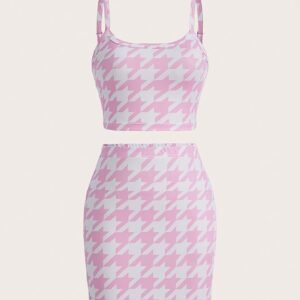AK260310025 Slaydiva Houndstooth Printed Cami And Mini Skirt Set