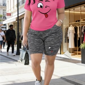 New Women'S Casual Outfit Street Trendy Playful Expression Print Short Sleeve Shorts Set Short Sleeve Top And Shorts with Pockets, Good Match for Travel And Daily Comfortable Summer Outfit Set