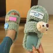 New Autumn And Winter Women'S Fluffy Slippers Designed in Dopamine Colors with Cartoon Bear Patches And Flat Soles., Women Shoes - Image 3