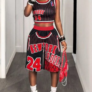 2pcs Y2K Street Style Women'S Set, Summer Casual Outing Outfit, Letter And 24 Number Print Design Sleeveless Vest Top And Loose Bermuda Shorts, High-Waist Elastic Waistband, Comfortable And Versatile, Suitable for Summer