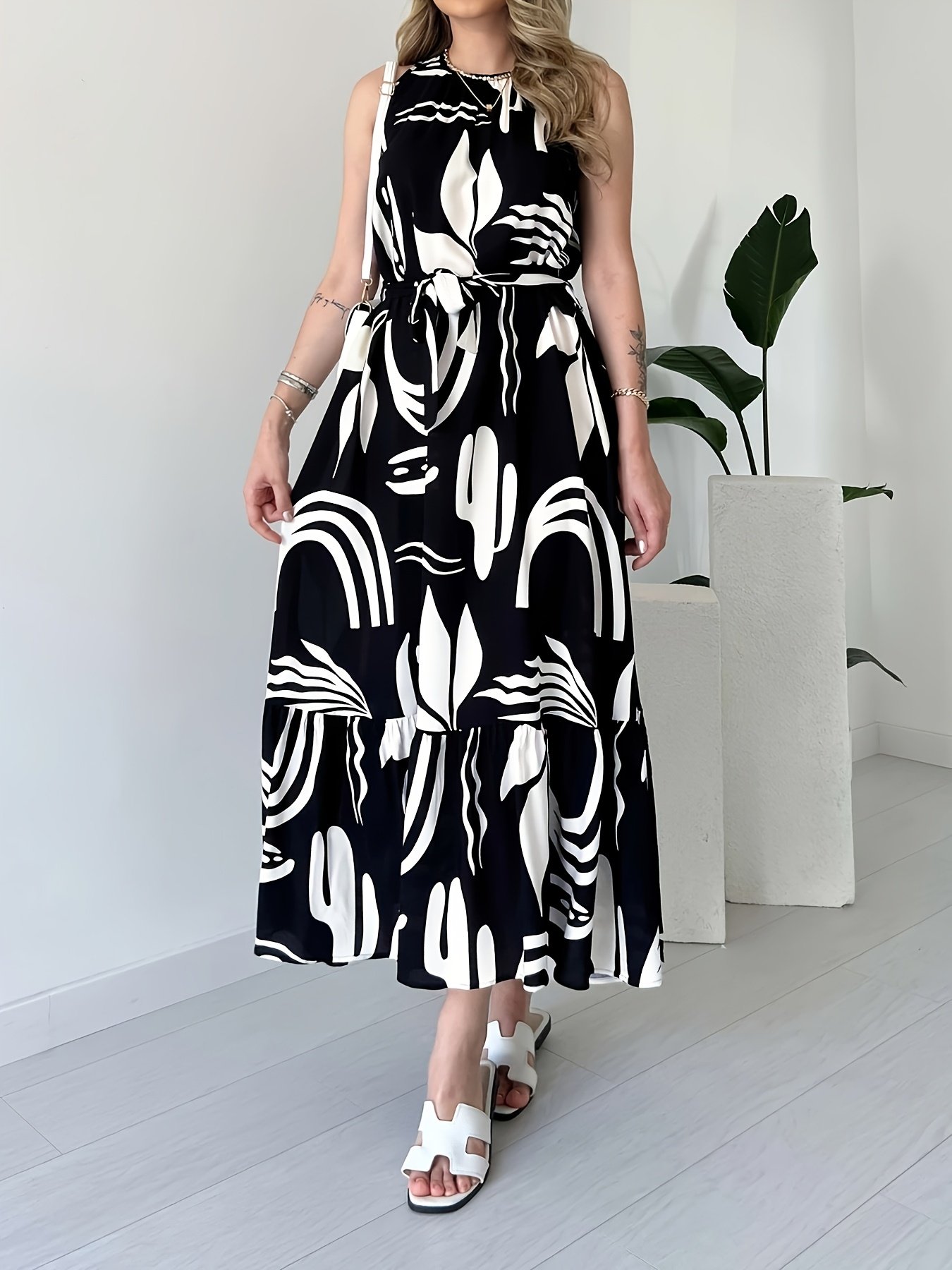 Fashion Women'S Irregular Print Sleeveless High-Waist Bodycon Drawstring Dress - Image 2