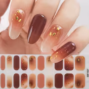 Self-Adhesive Nail Stickers - Brown Gradient Edition with Irregular Golden Embellishments, High-Gloss Satin Finish, Odorless DIY Nail Art Kit for Women and (Includes Nail File)