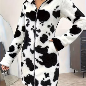 Printed Double-Sided Plush Hooded Zip-Up Cardigan, Women's Mid-Length Plush Coat for Autumn and Winter