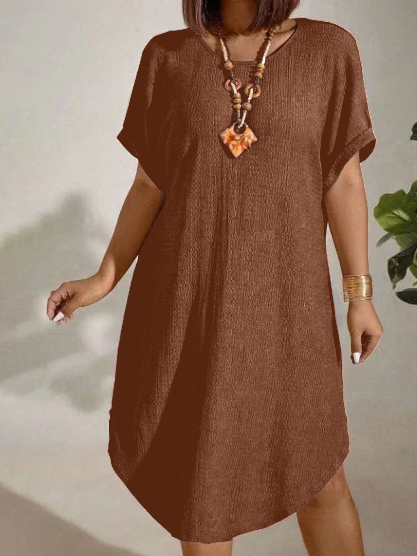 Womens Solid-color Loose-fitting Casual Round-neck Dress - Image 2