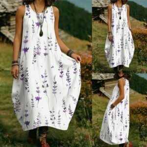 Boho Sleeveless Lavender Print Maxi Dress, Casual Loose Fit Pocketed Long Dress For Vacation Summer Dress For Women