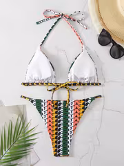 Women's Bikini Swimsuit Set, 2pcs, Solid Color and Printed, Cross-Over Spliced, Multi-Color, Sexy Halter Neck Bikini for Beach Vacation - Image 2
