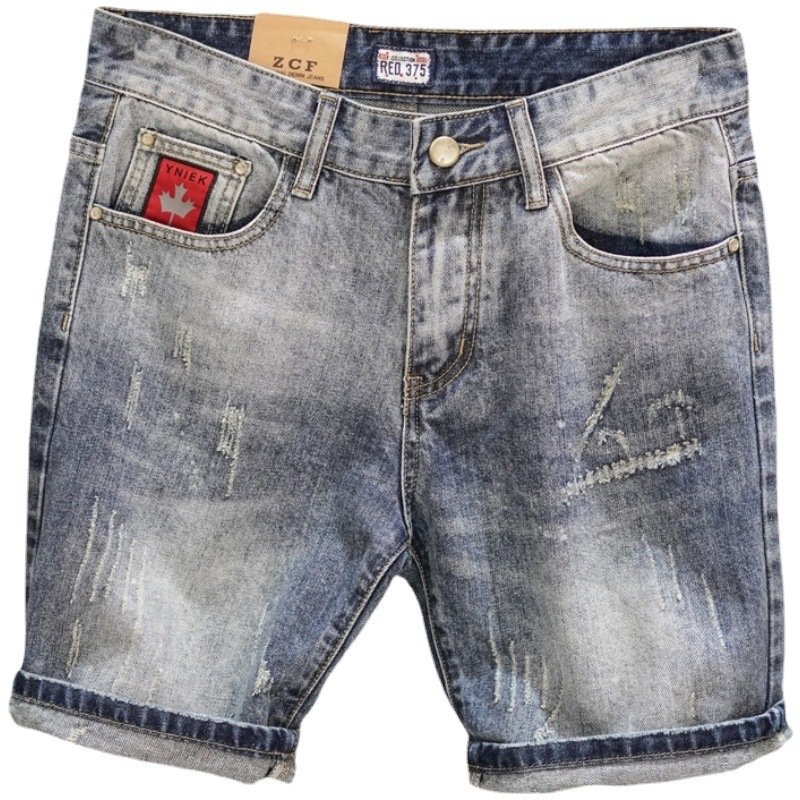 Retro Ripped Denim Mens Trendy Cropped Pants With Fuzzy Hems - Image 2
