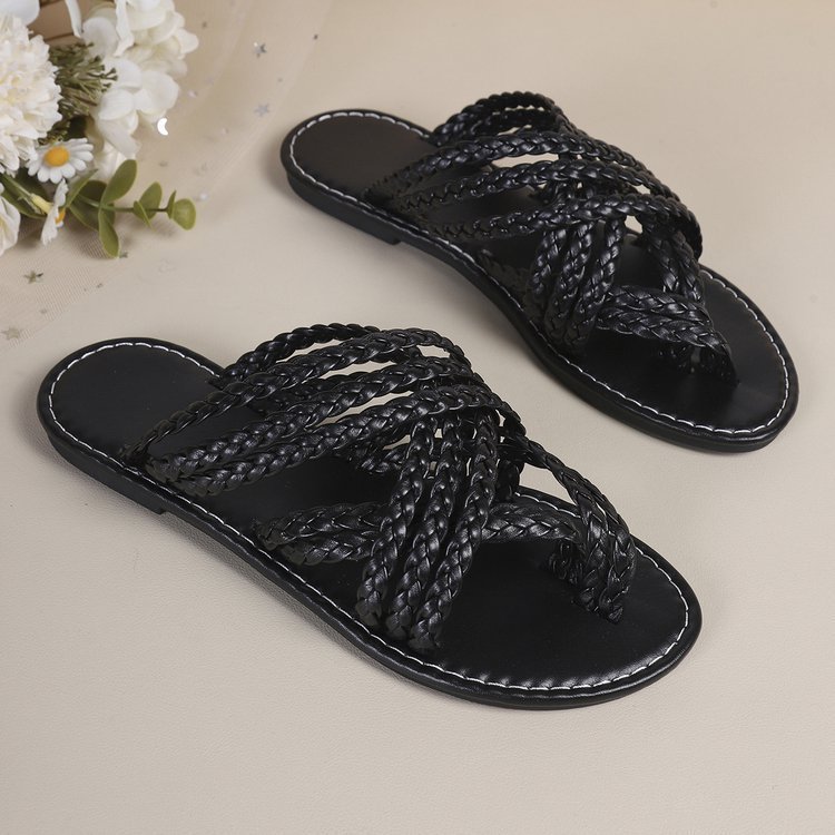 Flat Thong Elastic Strap Solid Color Sandals With Woven Straps - Image 8