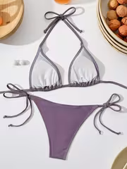 Purple Tie-Front Bikini Slim Fit 2pcs Women's Beachwear 2-in-1 Look - Image 3