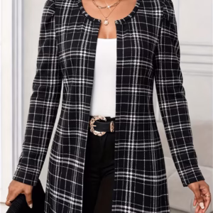 Spring/Autumn New Women's Fashion Elegant Houndstooth Print Puff Sleeve Buttonless Open Front Cardigan Long Sleeve Thin Coat