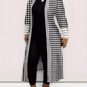 Elegant Women's Long-length Contrast-color Outerwear with Geometric Pattern