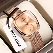POEDAGAR Elegant Rose Square Watch - Waterproof Stainless Steel Mesh Band, Quartz Movement Wristwatch with Black Dial & Rose Hands, Suitable for Parties, Casual & Swimming, 3ATM Timepiece - Image 2